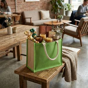 Sac fourre-tout en jute vert Priglob Exim, couleur unie, ouverture supérieure, style preppy, décoration lettres, sac de plage, de voyage, de shopping quotidien - Product Image 5