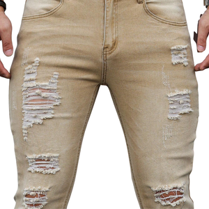 <b>Mens</b> Khaki Solid Mid Rise Ripped Pencil Pants Distressed <b>Stretch</b> Denim Breathable Quick Dry Slim Fit Casual Enzyme Wash - Product Image 5