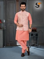Collier de bande broderie lourde imprimé numérique traditionnel Diwali vêtements de fête hommes Koti Style Kurta ensemble à bas taux