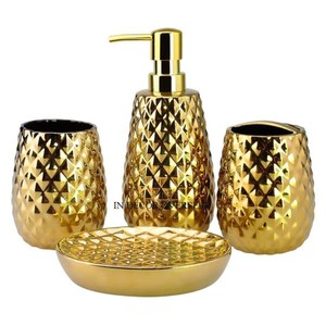 Dispensador de jabón de Metal de diseñador con textura de diamante chapado en oro más vendido, soporte para toallas de papel y otros artículos, juego de baño de lujo - Product Image 4