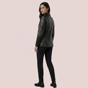 Blazer en cuir véritable noir pour femmes, veste à deux boutons, manteau en cuir tendance - Product Image 2
