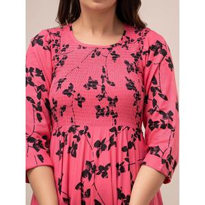 Robe longue tendance rose à imprimé floral avec taille élastiquée smockée, fermeture éclair et décoration drapée, tailles XS-XL pour les journées décontractées - Product Image 6