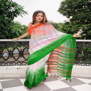 Sari Premium de Lilen para Mujer Adulta con Estampado Tiranga y Patrón Tiranga Dorado en la Blusa de Lilen, Hecho en India - Product Image 1