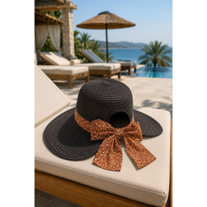 Adjustable Black <b>Floppy</b> Straw <b>Hat</b> with Elegant Bow at the Back - Product Image 1