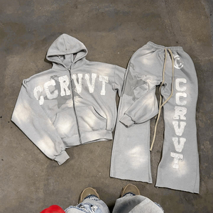 Custom Logo Printing Tracksuit Two Piece <b>Set</b> Hoodie Sweatpants <b>Embroidery</b> Logo Patched Vintage Washed Sun Faded Zip Hoodie <b>Set</b> - Product Image 4
