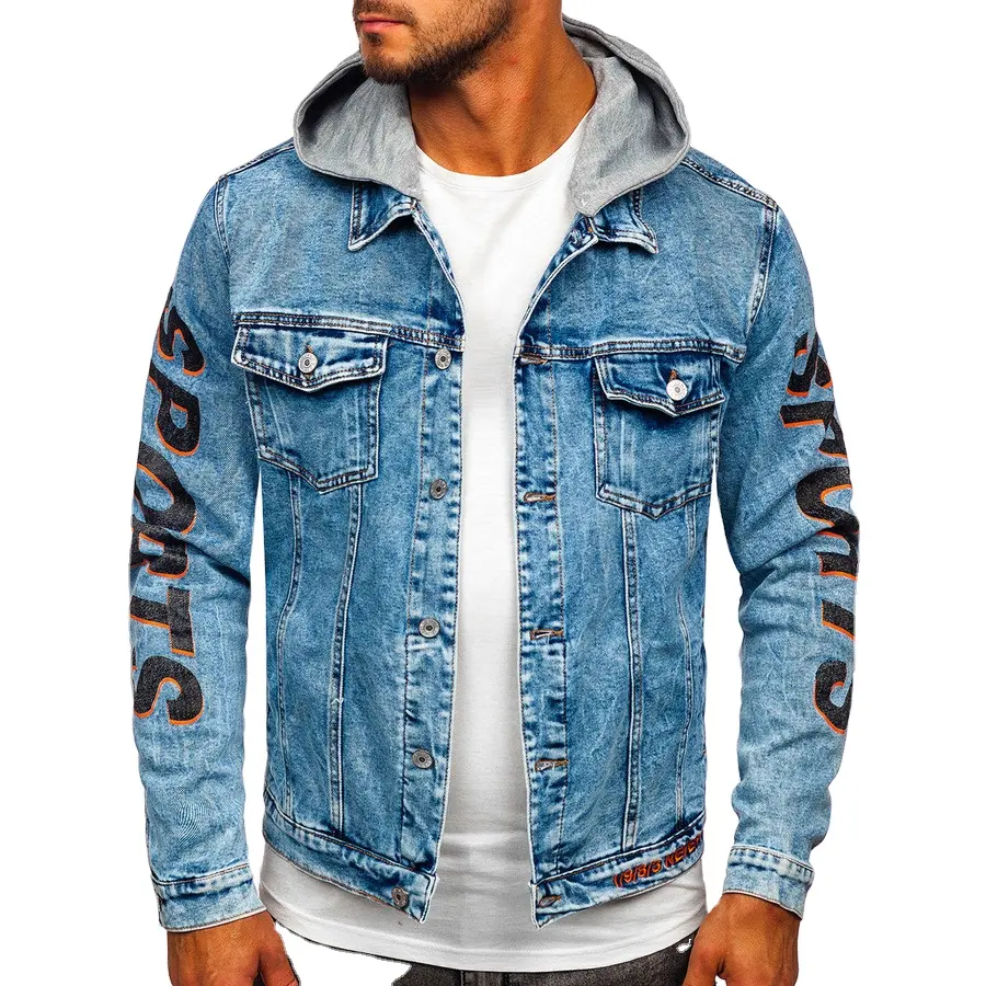 wholesale Custom high quality vintage wash to make old ripped denim jackets with hoody logo custom printed embroidered shirt ja