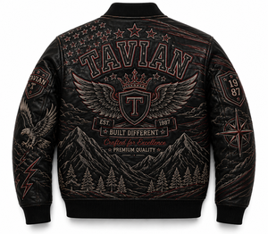 Blouson Bomber Homme en Cuir Véritable Personnalisé OEM ODM avec Patch Brodé Motif Montagne et Fermeture Éclair Avant Style Moto Hiver - Product Image 2
