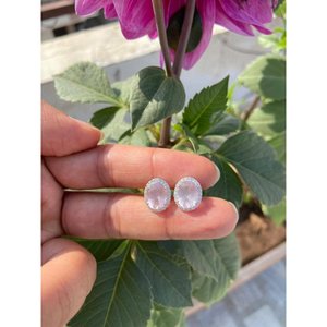 925 Silver Natural Oval Rose Quartz <b>Stud</b> <b>Earrings</b> Diamond Bezel Setting 14K 18K Gold White/Gold Rose Gold-Cute Trendy Inlay - Product Image 4