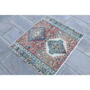 Turkish Small Rug 3.1x2.7 ft, <b>Red</b> Ikat Vintage <b>Wool</b> Rug - Product Image 2