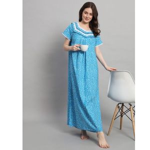 Camisón de Encaje 100% Algodón para Mujer, Mangas Medias, Largo Completo, Tela Transpirable, Cuello con Estampado Floral, Elegante, Primavera, Otoño, Verano - Product Image 1