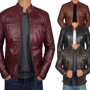 Chaqueta de cuero marrón Chaqueta de cuero para hombre Adolescentes Stand Collar Punk Make Old Leather Clothes Hombres Chaqueta de cuero para motocicleta - Product Image 3