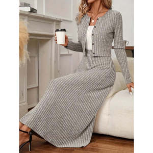Women'<b>s</b> Long-Sleeve Button-Front <b>Blouse</b> <b>and</b> High-Waisted A-Line Long Skirt with Brushed Fabric, Two-Piece Set, 28603 - Gray - Product Image 2