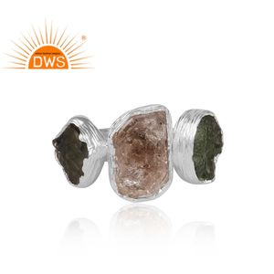 Anillo Apilable de Plata de Ley Fina con Diamante Herkimer y Moldavita en Bruto, el Más Vendido, Fabricante de Joyería Personalizada - Product Image 2