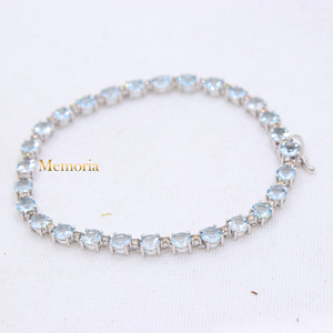 Handmade Women's Tennis <b>Bracelet</b> Natural round <b>Aquamarine</b> Gemstone Diamond 14k Solid White Gold for Weddings Wholesale Jewelry - Product Image 1