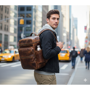 Sac à dos de voyage de luxe en cuir véritable Ganges Grain Caramel marron foncé, léger (1,45 kg), imperméable, avec personnalisation manuelle - Product Image 2