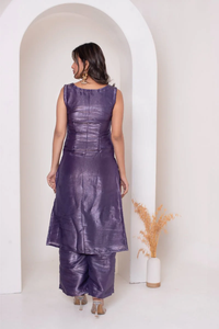 Conjunto Kurta GHAZAL Morado Claro 100% Seda con Dupatta de Seda con Volantes, Vestido Casual para Adultos, Diseño Sólido, Cintura Natural, Hueco - Product Image 2