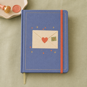 Journal personnalisé LABON « <span class=keywords><strong>Lettre</strong></span> d'amour » – Couverture rigide en tissu bleu, dorure à chaud, <span class=keywords><strong>enveloppe</strong></span>, tampon cœur, étoiles, bords dorés, ruban vert corail - Product Image 3