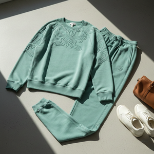 Conjunto Deportivo Personalizado de Felpa Francesa Gruesa con Estampado Lavado Ácido para Hombre, Sudadera con Capucha y Pantalones Jogger en Verde Menta Suave con Bordado Tonal - Product Image 5