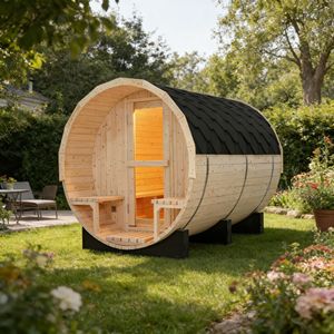 Sauna en baril de pin blanc de haute qualité avec poêle 6KW, 6 places, toiture imperméable et 2 sièges de porche - Product Image 1
