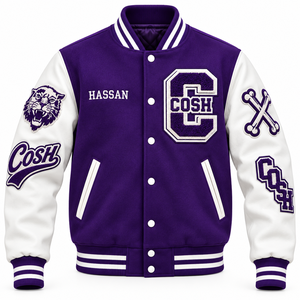 Veste de baseball personnalisée en laine violette et cuir blanc avec broderie de lettres - Product Image 1