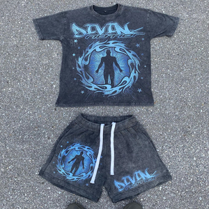 Haute qualité surdimensionné épais coton sérigraphie personnalisé hommes deux pièces lavage à l'acide t-shirt ensemble court - Product Image 2