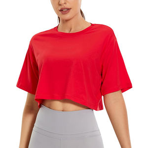 Vente en gros de t-shirt crop top de couleur unie personnalisé pour femmes, entraînement en plein air, respirant, vêtements de sport à col rond, meilleure vente de service OEM - Product Image 1