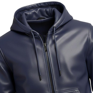 Sweat à capuche en cuir bleu marine de haute qualité, veste à capuche en simili cuir premium, fermeture éclair intégrale, streetwear décontracté d'hiver, fournisseur en gros - Product Image 5