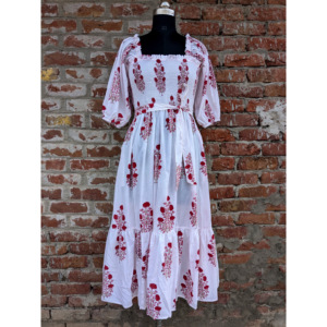 เดรสยาวผ้าฝ้ายลายดอกไม้สไตล์อินเดีย พิมพ์ลายด้วยมือ  แบบมีแขน  สไตล์หวาน  สำหรับฤดูร้อน  เป็นมิตรกับสิ่งแวดล้อม  สำหรับผู้หญิง - Product Image 1