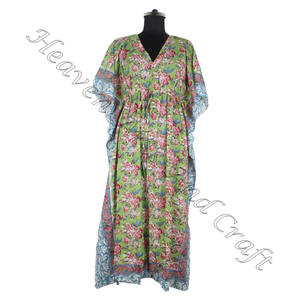 100% coton manches chauve-souris caftan robes main bloc impression décontracté bohème Floral pour les femmes longue plage porter naturel pour les stations - Product Image 3