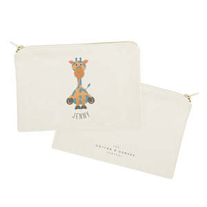 Personalized Name Giraffe Cotton Canvas Cosmetic Pouch Eco-Friendly Large Capacity Zipper Closure <b>Makeup</b> <b>Storage</b> Cartoon Pattern - Product Image 2