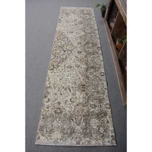 2.7x9.1 ft Rug, Vintage Turkish Rug, <b>Brown</b> Gray Polka dot <b>Wool</b> Rug - Product Image 1