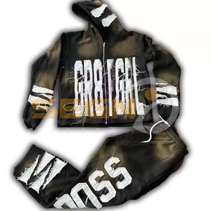 Parche personalizado bordado Logo Jogger ácido lavado sol desteñido diamantes de imitación acampanados pantalones de chándal desgastado bordado conjunto con capucha - Product Image 6