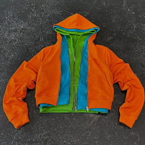 Sudaderas con capucha de triple capa lisas de peso pesado personalizadas con cremallera y bloque de color para Calle en blanco - Product Image 5