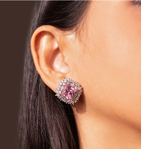 Pendientes de Lujo con Circonita Cúbica en Forma de Princesa Rosa para Mujer, Pendientes de Halo Plateados en Plata, Joyería para Bodas y Fiestas - Product Image 3