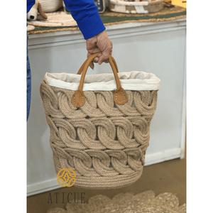 Cesta de Almacenamiento Trenzada de Yute Tejida a Mano de 12 x 14 Pulgadas con Forro y Asas de Cuero, Organizador Multiusos - Product Image 6