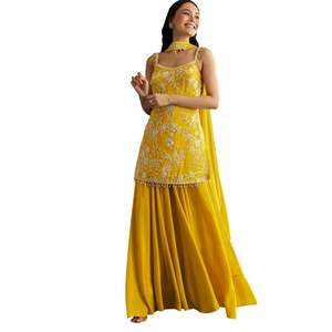 Vente de gros Costume jaune Chinon Kurta Palazzo avec tour de cou Dupatta Vêtements ethniques pour femmes Vêtements OEM Fournisseur d'usine Mode - Product Image 1