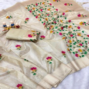 Sari en organza doux VASTRA COTTAGE, tissage floral Meenakari, riche pallu en zari tissé Jamdani, tenue de fête avec chemisier en brocart - Product Image 5
