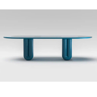 Table basse moderne au design élégant, laque basse brillance bleue, base à double pilier, pour la maison, le salon, le restaurant, l'hôtel, les villas