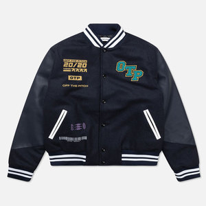 Veste universitaire de style vintage avec col montant et logo frontal, en laine douce, coupe personnalisée, blocage de couleur pour l'équipe du lycée - Product Image 1