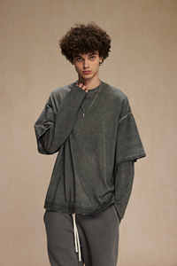 Haute qualité 100% coton lourd surdimensionné lavé hommes deux pièces épissé Double couche à manches courtes tricoté respirant - Product Image 5