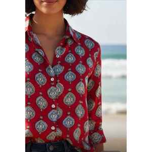 Camisa Casual de Manga Larga para Mujer, de Algodón Modal Rojo, Estampada, con Bordado a Mano, Tela Popelina, Logotipo/Estampado Dibujado a Mano, Varias Tallas - Product Image 1