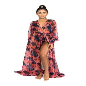 Robe de plage imprimée pour femmes avec finition élégante, vêtements de plage pour femmes, imprimés contemporains, manches bouffantes - Product Image 2