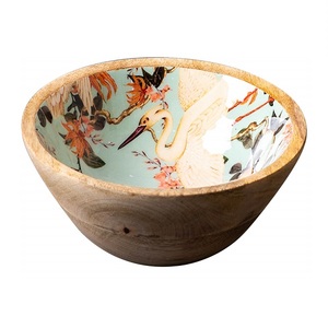 Good Quality Enamel Work Luxury Wooden Bowl With Spoon for <b>Dinnerware</b> Bowls Modern Design Mango Round Wooden Bowl - Product Image 3