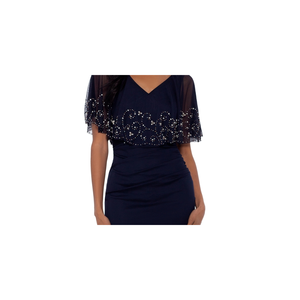 Abito da sera formale Betsy & Adam da donna in chiffon blu con capeletto decorato con perline, taglia XS, collo alto, paillettes, lunghezza al pavimento, vita naturale - Product Image 3