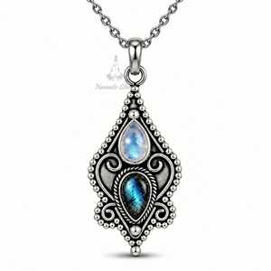 Collier en labradorite et pierre de lune arc-en-ciel, pendentif double pierre en argent sterling 925 - Product Image 3