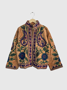 Veste en velours brodée de fleurs, col mandarin, manches longues, style Prairie Chic, vêtements d'automne pour femmes adultes - Product Image 1