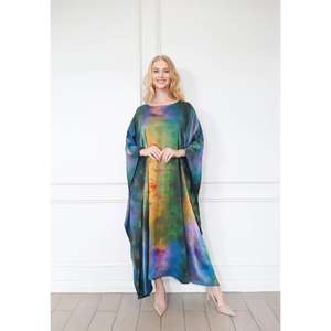 Robe longue ample en kaftan tie-dye pour femmes, manches évasées régulières, taille naturelle, longueur au sol, style bohème, tenue de soirée - Product Image 1