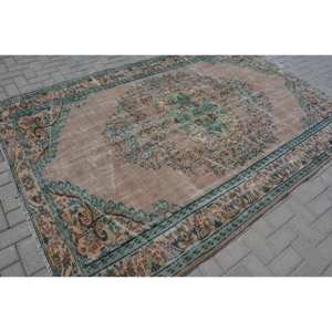 Tapis turc vintage traditionnel Beige vert 6.4x9.1 pieds laine tissage plat Patchwork Design Aubusson Style pour salon Latex - Product Image 2