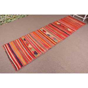 Turkish Vintage <b>Wool</b> Rug 2.7x9.1 ft (82x278 Cm) Patchwork Eco-Friendly Latex Backing Moroccan Rug in <b>Red</b> & Purple - Product Image 2