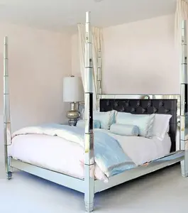 Aynalı dört posterler yatak odası takımı ahşap yatak ayna panelleri bitirme yapılmış endonezya tasarım iç otel